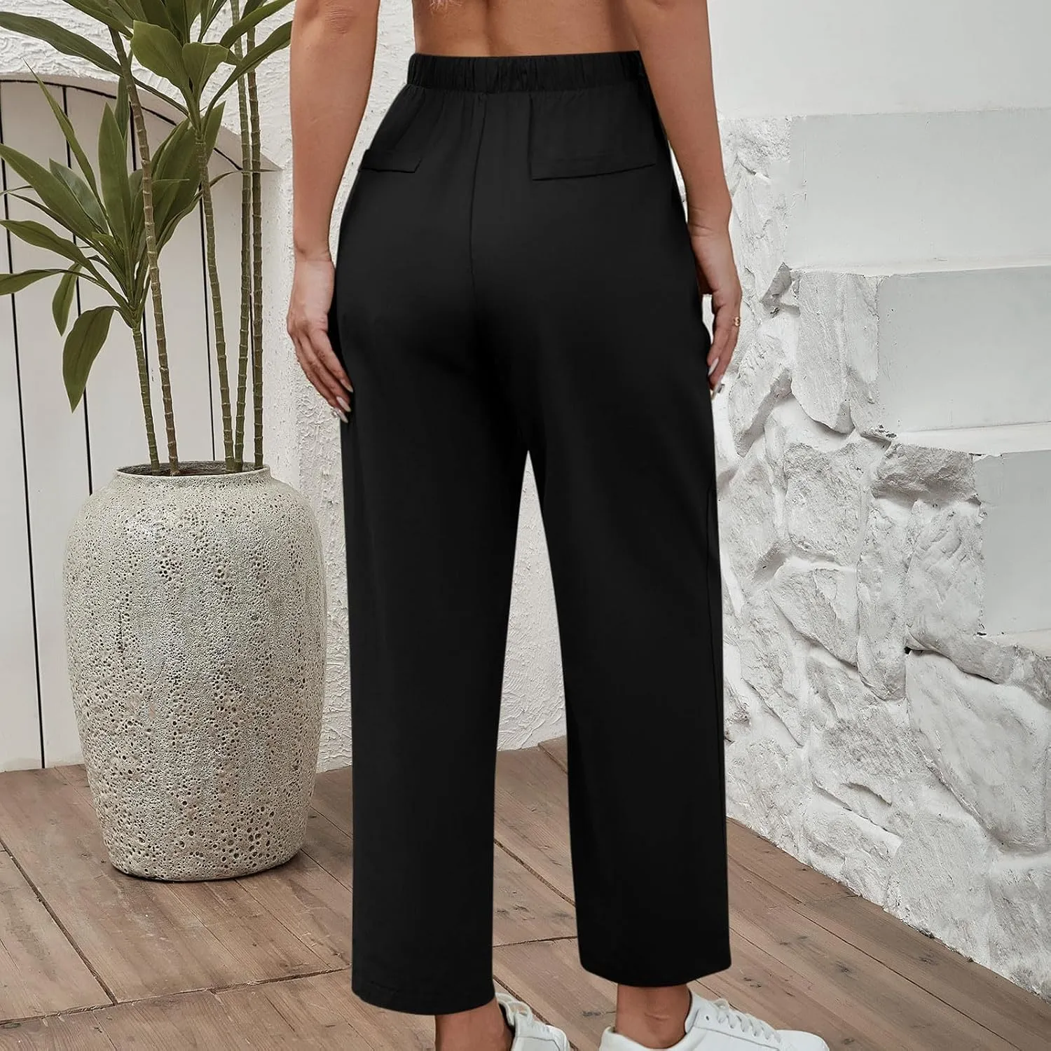 Lmdudan 2025 Women Casual Cotton Linen Pants Lightweight Summer Elastic Waist Beach Pants Plus Size Solid Lounge Long Trouser