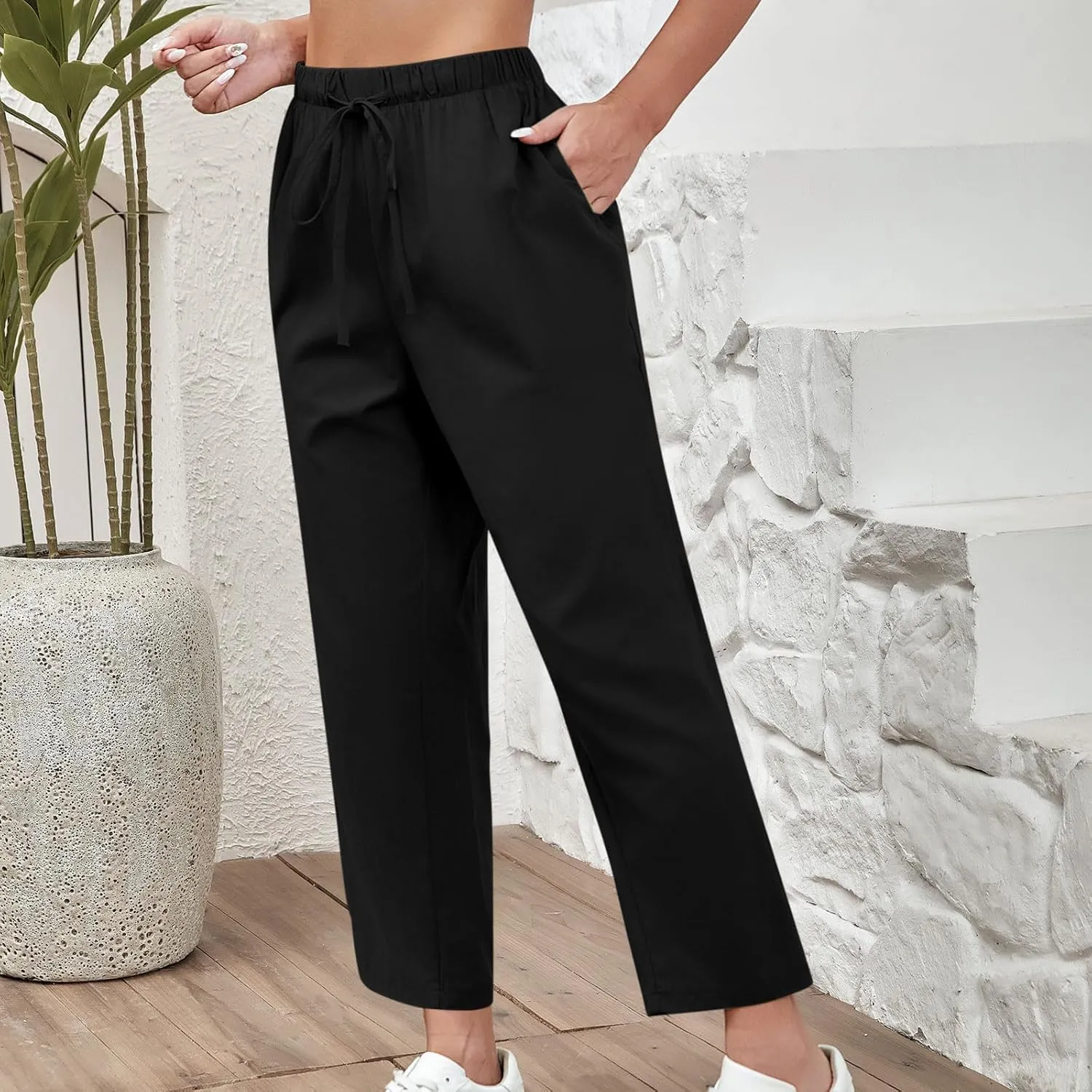 Lmdudan 2025 Women Casual Cotton Linen Pants Lightweight Summer Elastic Waist Beach Pants Plus Size Solid Lounge Long Trouser
