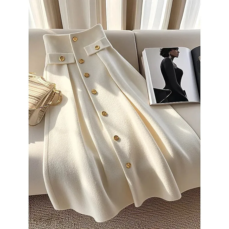 LVSANW Fashionable Autumn Winter New Women Clothing A-line Skirt Ladies High Waist Buttons Fashion Corset Solid Color Elegant Skirts
