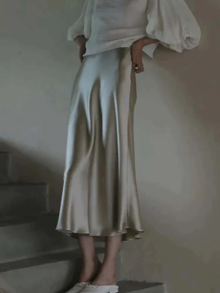 LVSANW High Waisted Satin Long Skirts for Women Spring/Summer New 2024 Women's Skirt A-line Fashion Elegant Slim Fit Grey Black Skirt