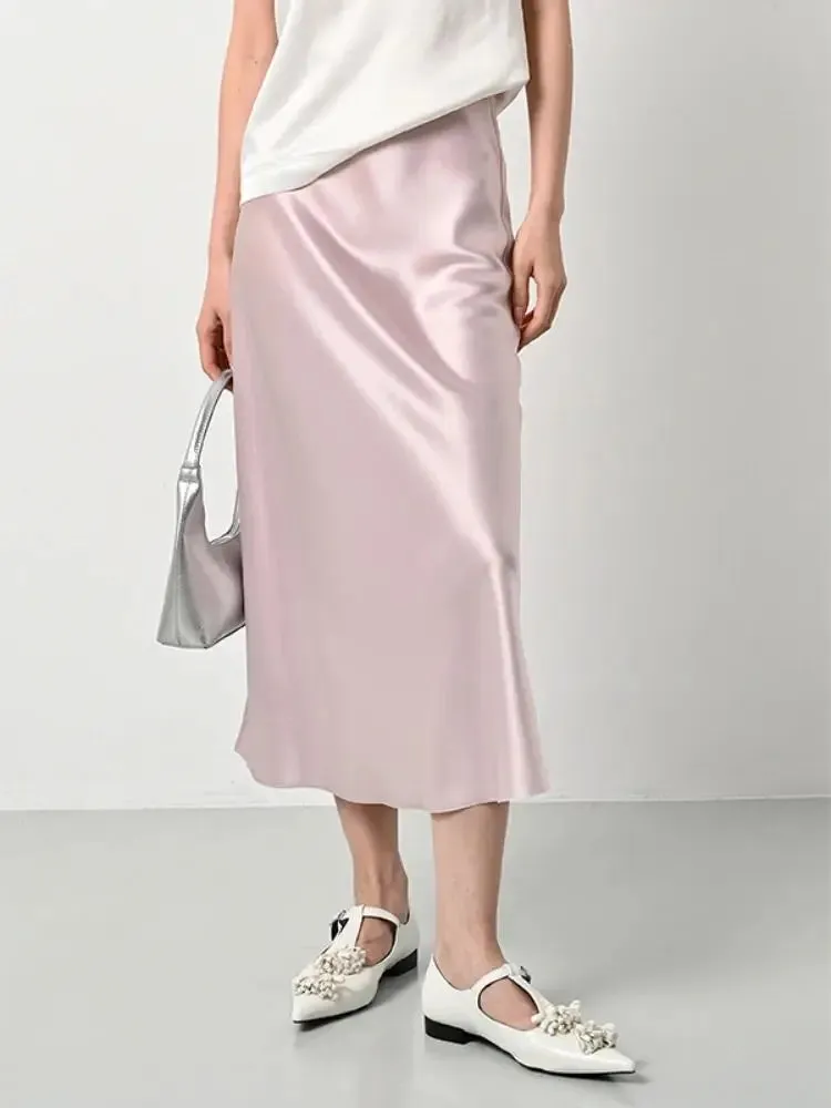 LVSANW High Waisted Satin Long Skirts for Women Spring/Summer New 2024 Women's Skirt A-line Fashion Elegant Slim Fit Grey Black Skirt