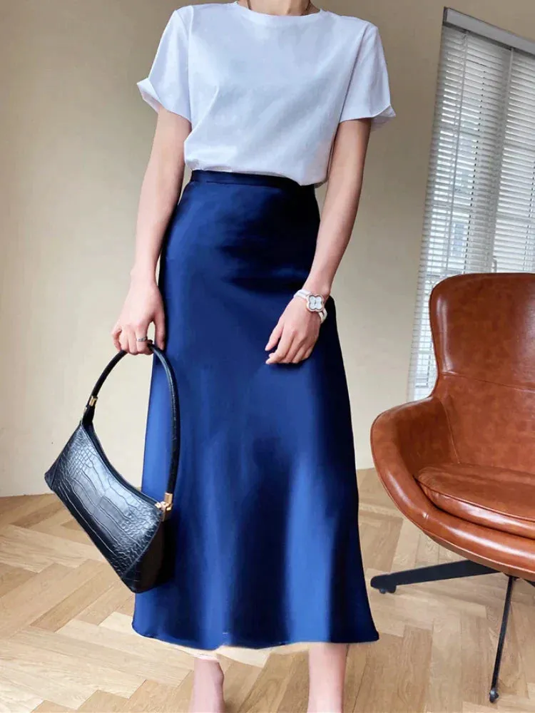 LVSANW High Waisted Satin Long Skirts for Women Spring/Summer New 2024 Women's Skirt A-line Fashion Elegant Slim Fit Grey Black Skirt