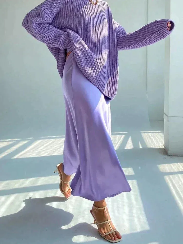LVSANW High Waisted Satin Long Skirts for Women Spring/Summer New 2024 Women's Skirt A-line Fashion Elegant Slim Fit Grey Black Skirt