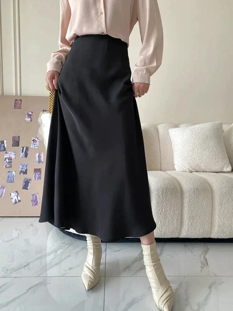 LVSANW High Waisted Satin Long Skirts for Women Spring/Summer New 2024 Women's Skirt A-line Fashion Elegant Slim Fit Grey Black Skirt