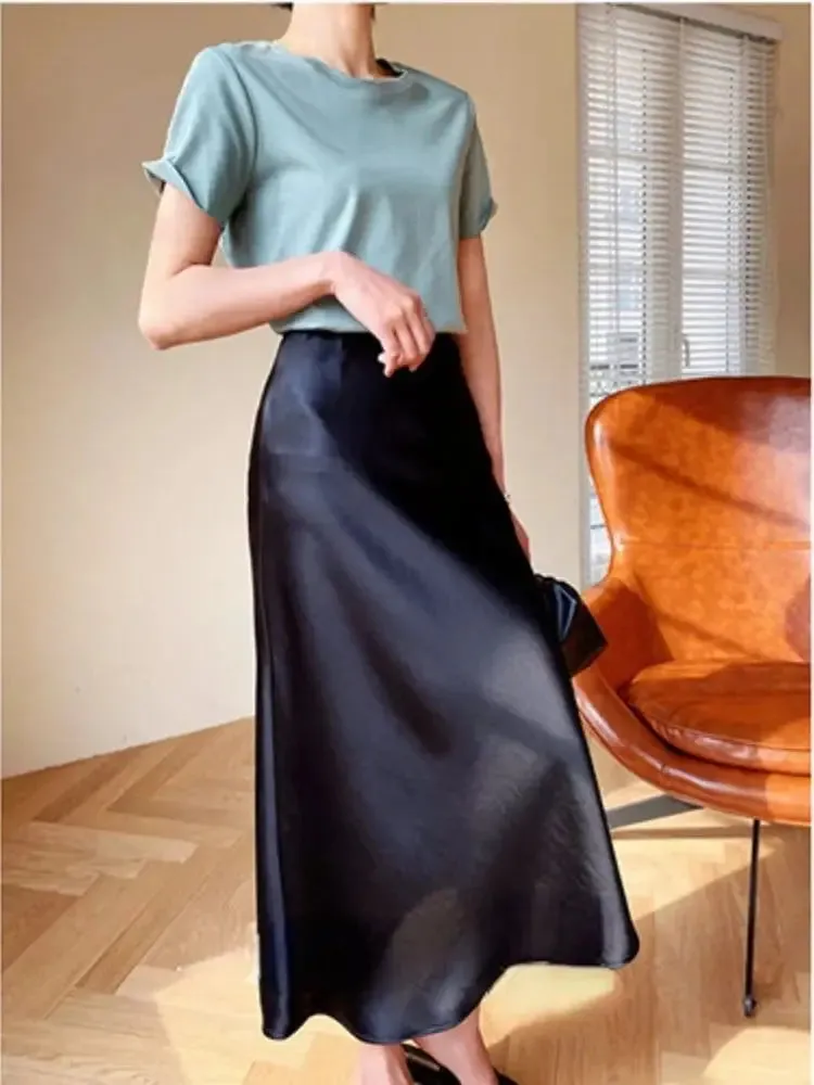 LVSANW High Waisted Satin Long Skirts for Women Spring/Summer New 2024 Women's Skirt A-line Fashion Elegant Slim Fit Grey Black Skirt