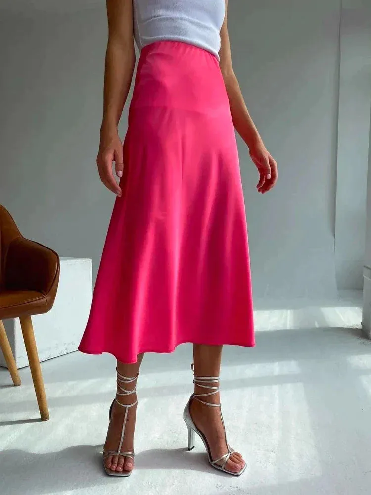 LVSANW High Waisted Satin Long Skirts for Women Spring/Summer New 2024 Women's Skirt A-line Fashion Elegant Slim Fit Grey Black Skirt