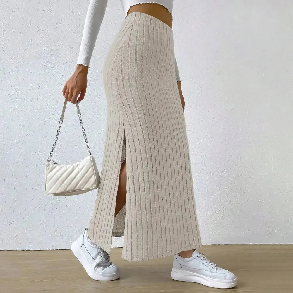 LVSANW Spring Autumn Casual Women High Waist Skirt Sexy Knitted Side Slit Skirt Elegant Solid Office Long Skirts For Women Fashion 2024