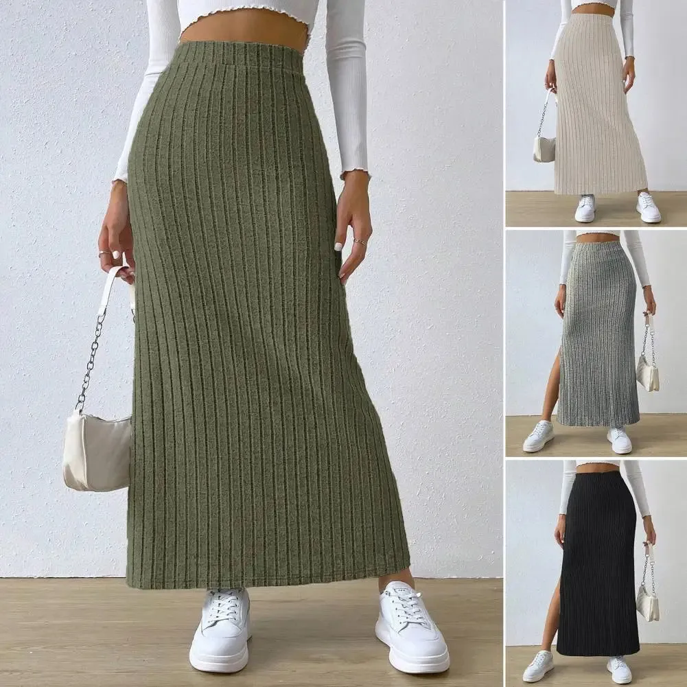 LVSANW Spring Autumn Casual Women High Waist Skirt Sexy Knitted Side Slit Skirt Elegant Solid Office Long Skirts For Women Fashion 2024