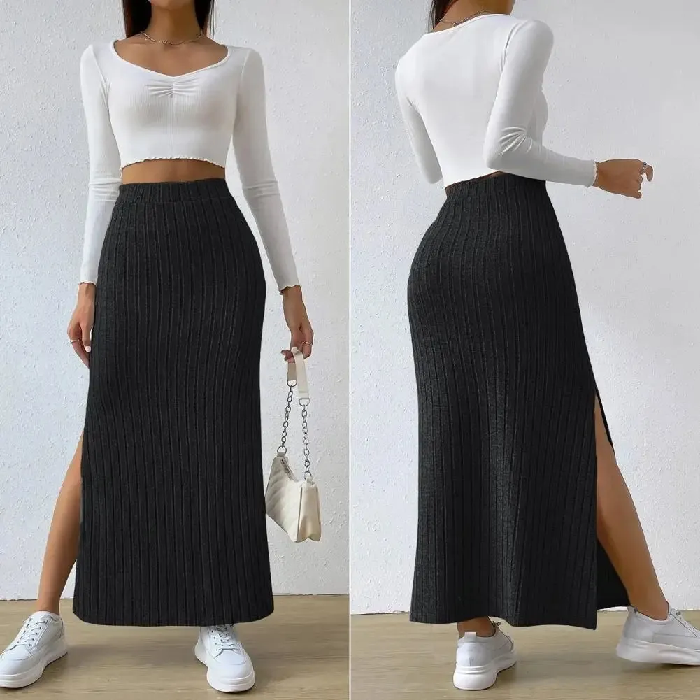 LVSANW Spring Autumn Casual Women High Waist Skirt Sexy Knitted Side Slit Skirt Elegant Solid Office Long Skirts For Women Fashion 2024