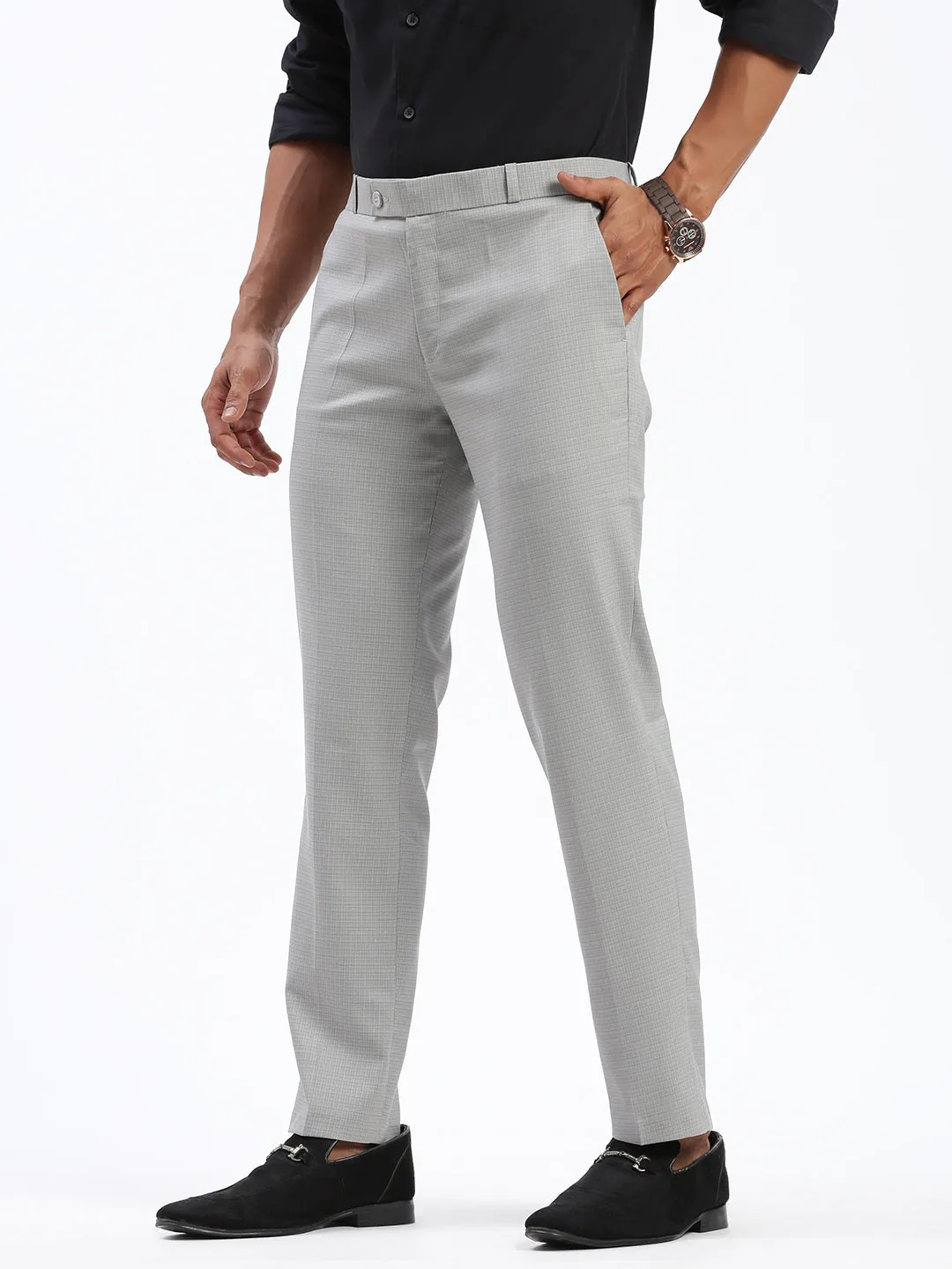 Men Grey Cotton Comfort Slim Fit Low-Rise Formal Trousers