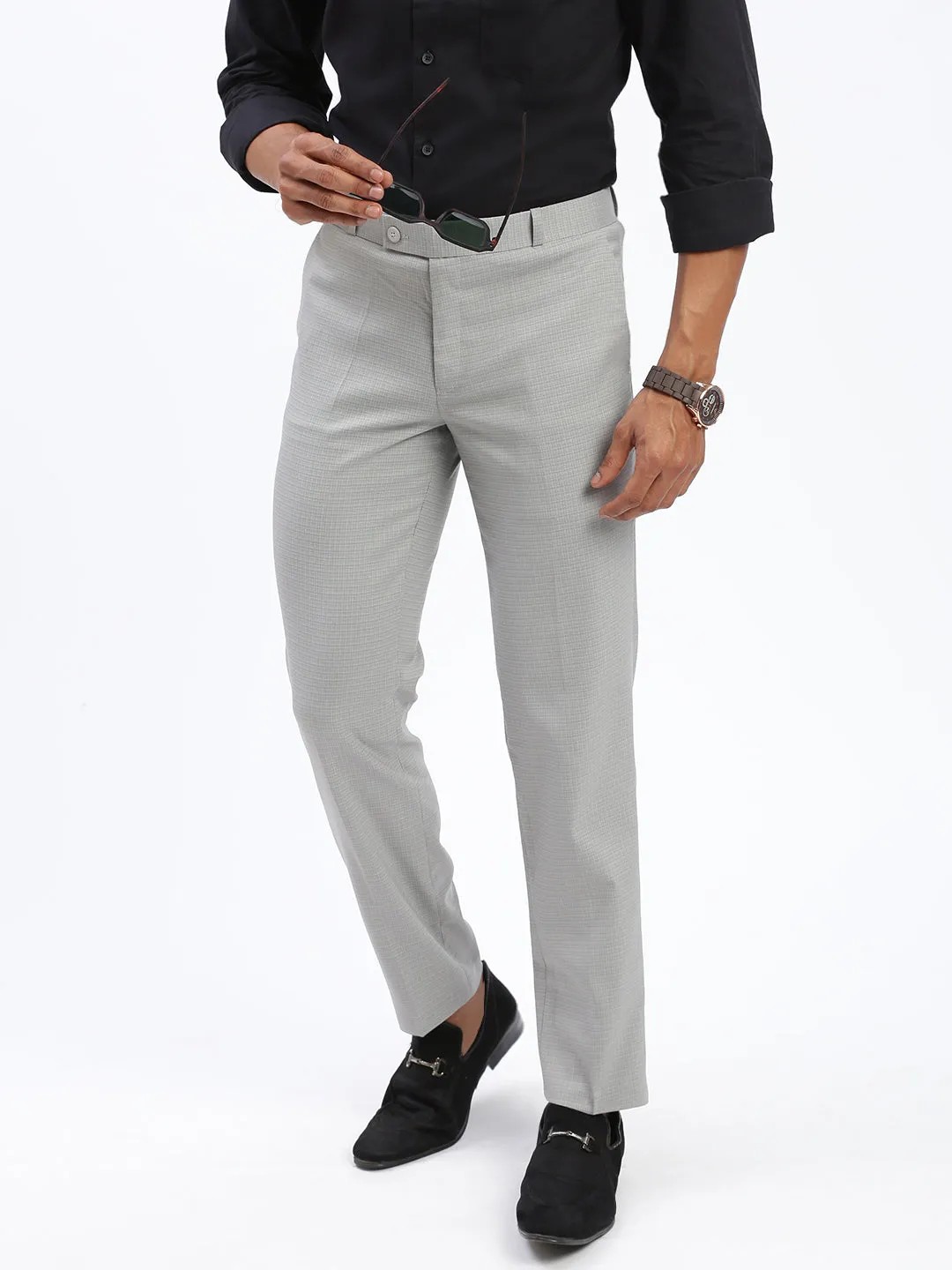 Men Grey Cotton Comfort Slim Fit Low-Rise Formal Trousers