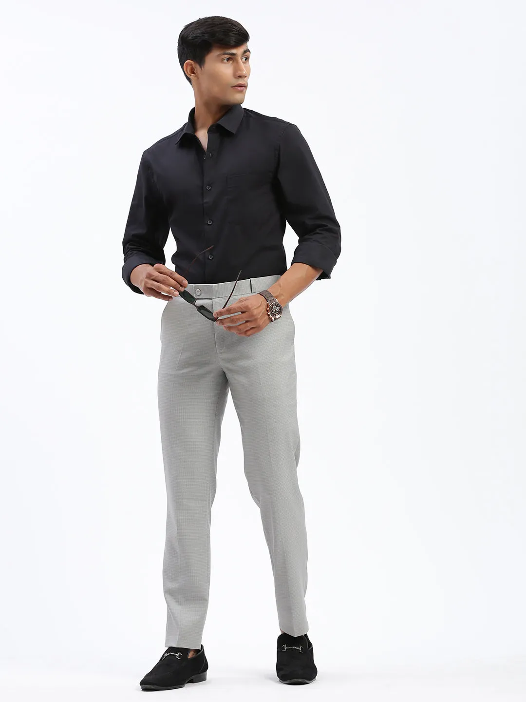 Men Grey Cotton Comfort Slim Fit Low-Rise Formal Trousers
