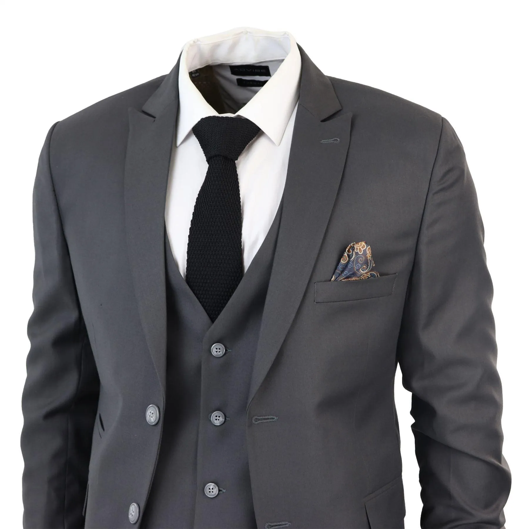 Men's Classic Charcoal Grey Suit 3 Piece Tailored Fit Vintage Office Wedding Prom