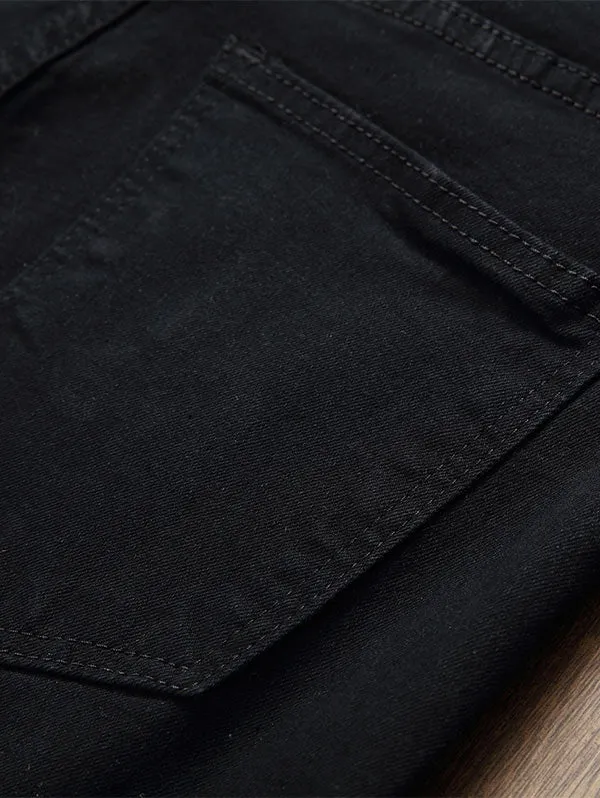 Men's Zip Fly Pleated Solid Color Distressed Biker Jeans