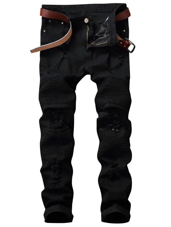 Men's Zip Fly Pleated Solid Color Distressed Biker Jeans