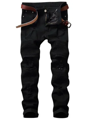 Men's Zip Fly Pleated Solid Color Distressed Biker Jeans
