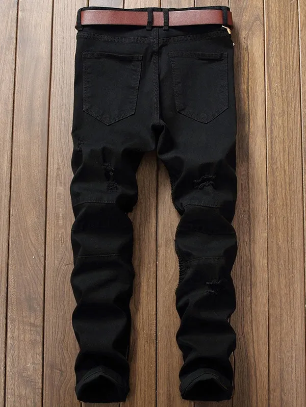 Men's Zip Fly Pleated Solid Color Distressed Biker Jeans