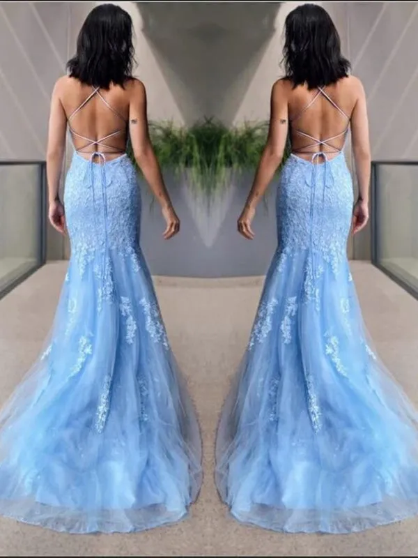 Mermaid Backless Light Blue Lace Long Prom Dresses, Mermaid Blue Formal Dresses, Light Blue Lace Evening Dresses