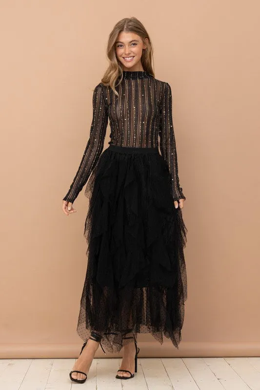 Metallic Star Stripe Mesh Mock Neck  Top - BP