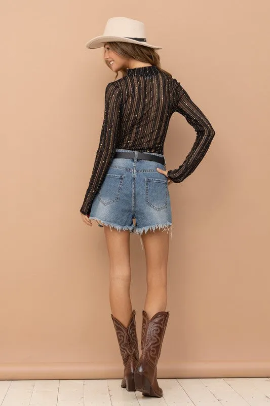 Metallic Star Stripe Mesh Mock Neck  Top - BP
