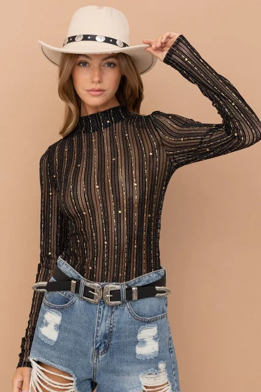 Metallic Star Stripe Mesh Mock Neck  Top - BP