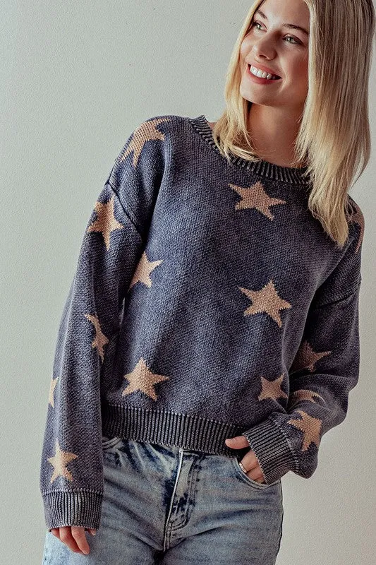 MINERAL WASH STAR PRINT RIB KNIT SWEATER - BLACK OR BLUE.