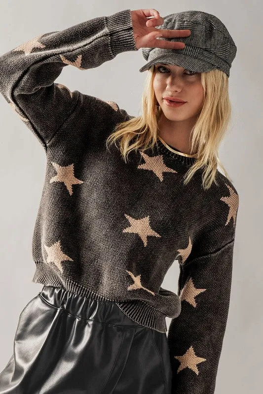 MINERAL WASH STAR PRINT RIB KNIT SWEATER - BLACK OR BLUE.