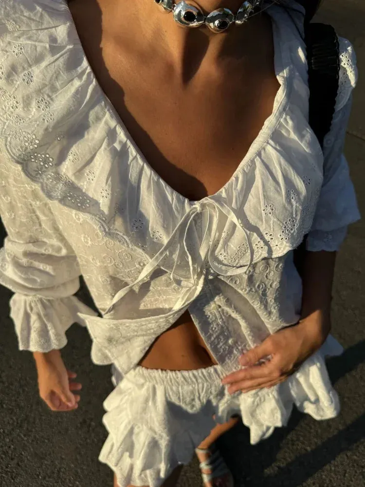 MQTIME  -  Women Fashion White Ruffles Lace Up Mini Skirt Suits Elegant V Neck Long Sleeves Top Short Skirts Set Summer Lady Street Outfits