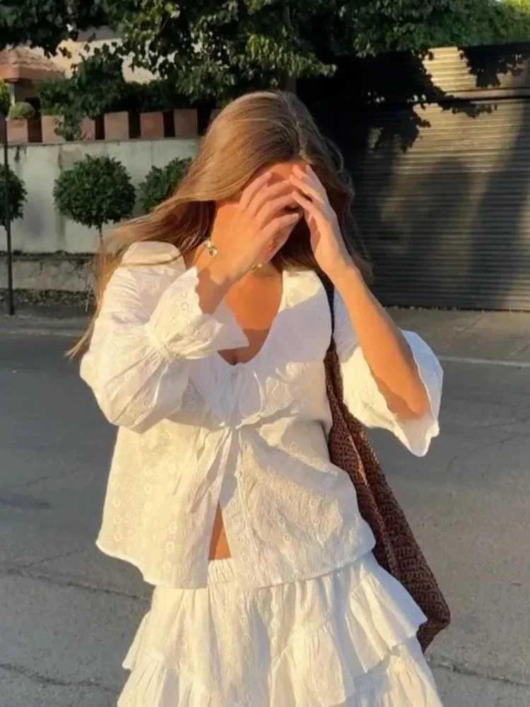 MQTIME  -  Women Fashion White Ruffles Lace Up Mini Skirt Suits Elegant V Neck Long Sleeves Top Short Skirts Set Summer Lady Street Outfits