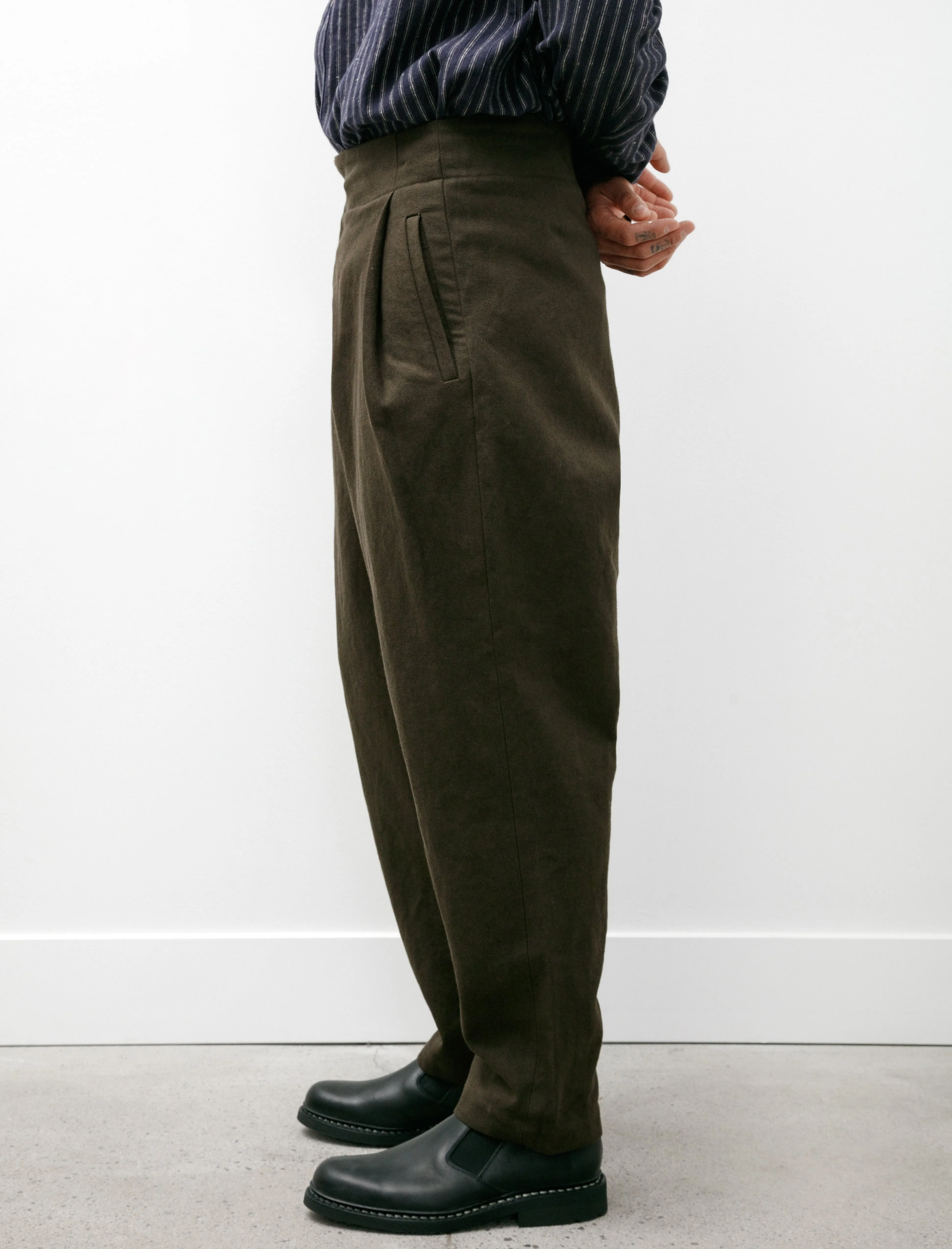 Pleated Trousers Flax Cotton Brown Green