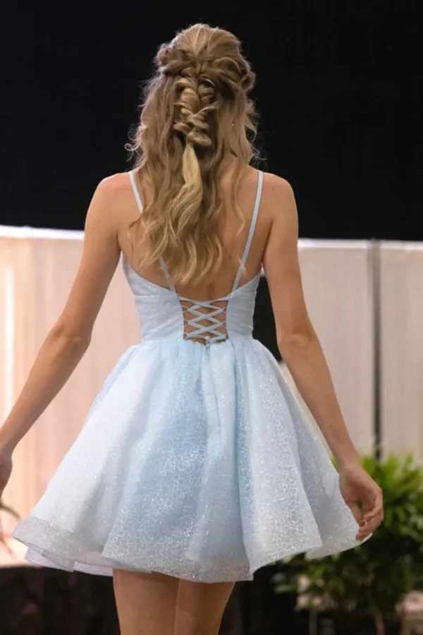 Princess V Neck Light Blue Tulle Short Prom Dress, V Neck Light Blue Homecoming Dress KPH0705