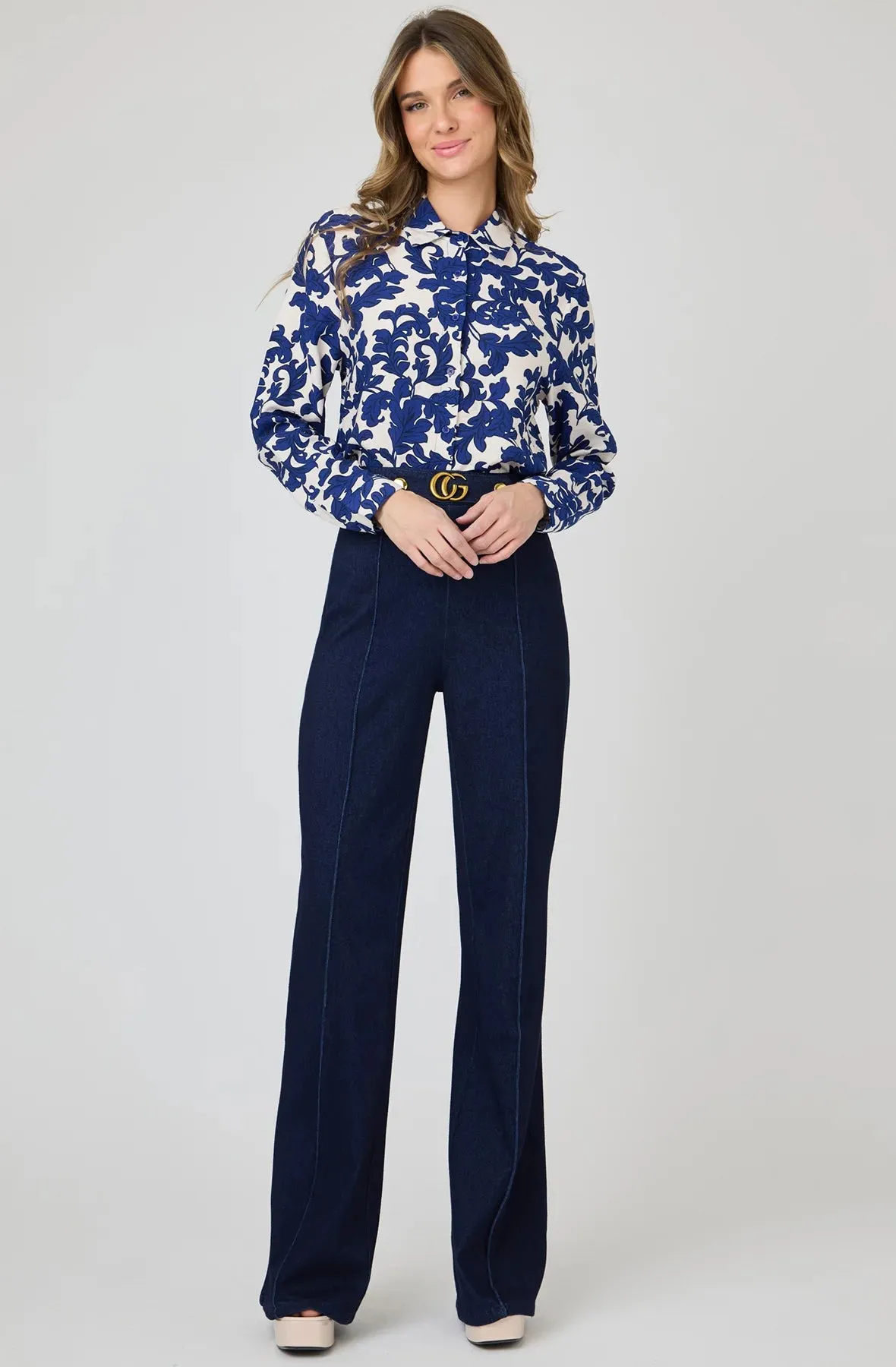 Printed Collared Long Sleeve Button Down Blouse
