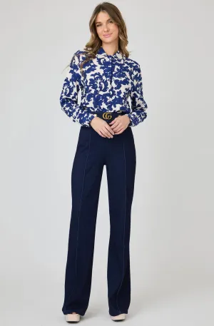 Printed Collared Long Sleeve Button Down Blouse