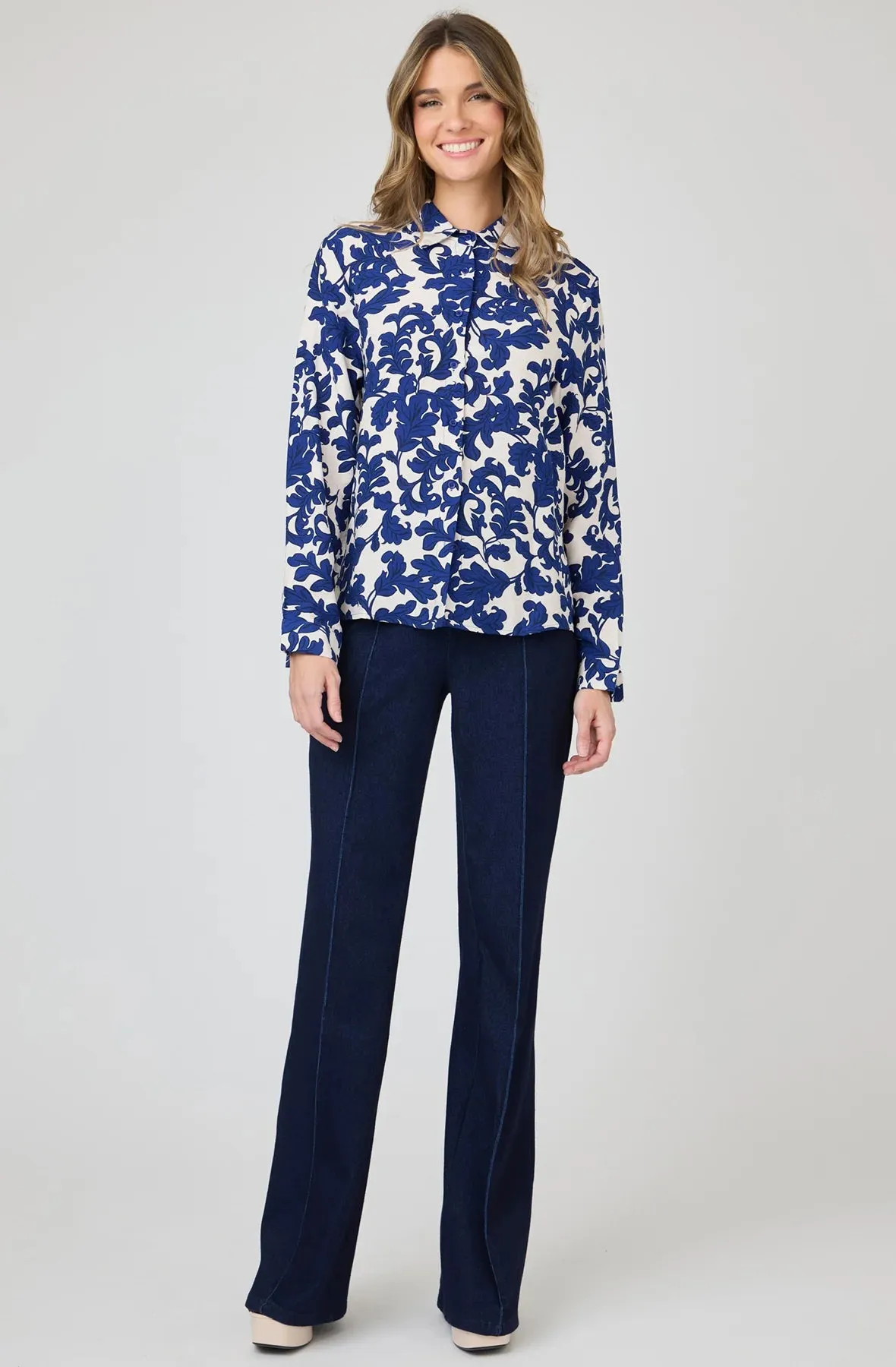 Printed Collared Long Sleeve Button Down Blouse