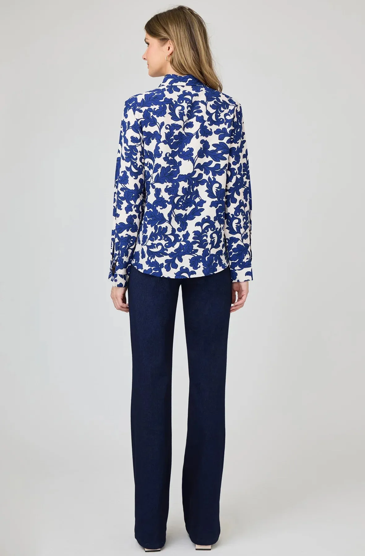 Printed Collared Long Sleeve Button Down Blouse