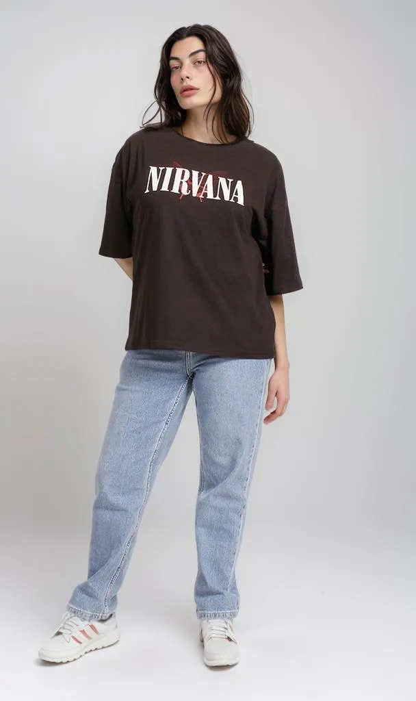 R207785 - Graphic Printed Oversized T-Shirt - Black (Nirvana Heart Print)