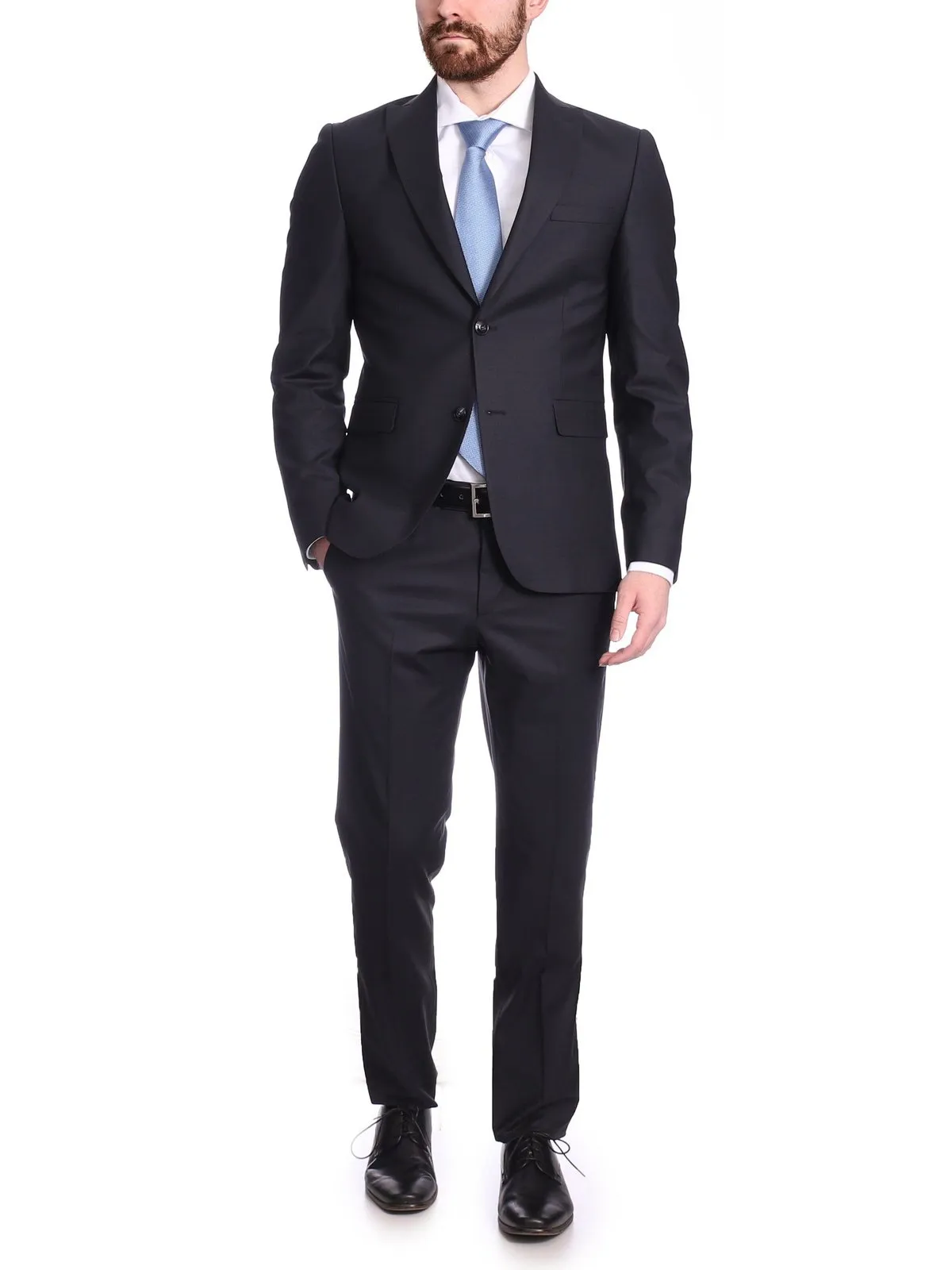 Raphael Mens Solid Black Slim Fit 2 Piece Suit With Peak Lapels