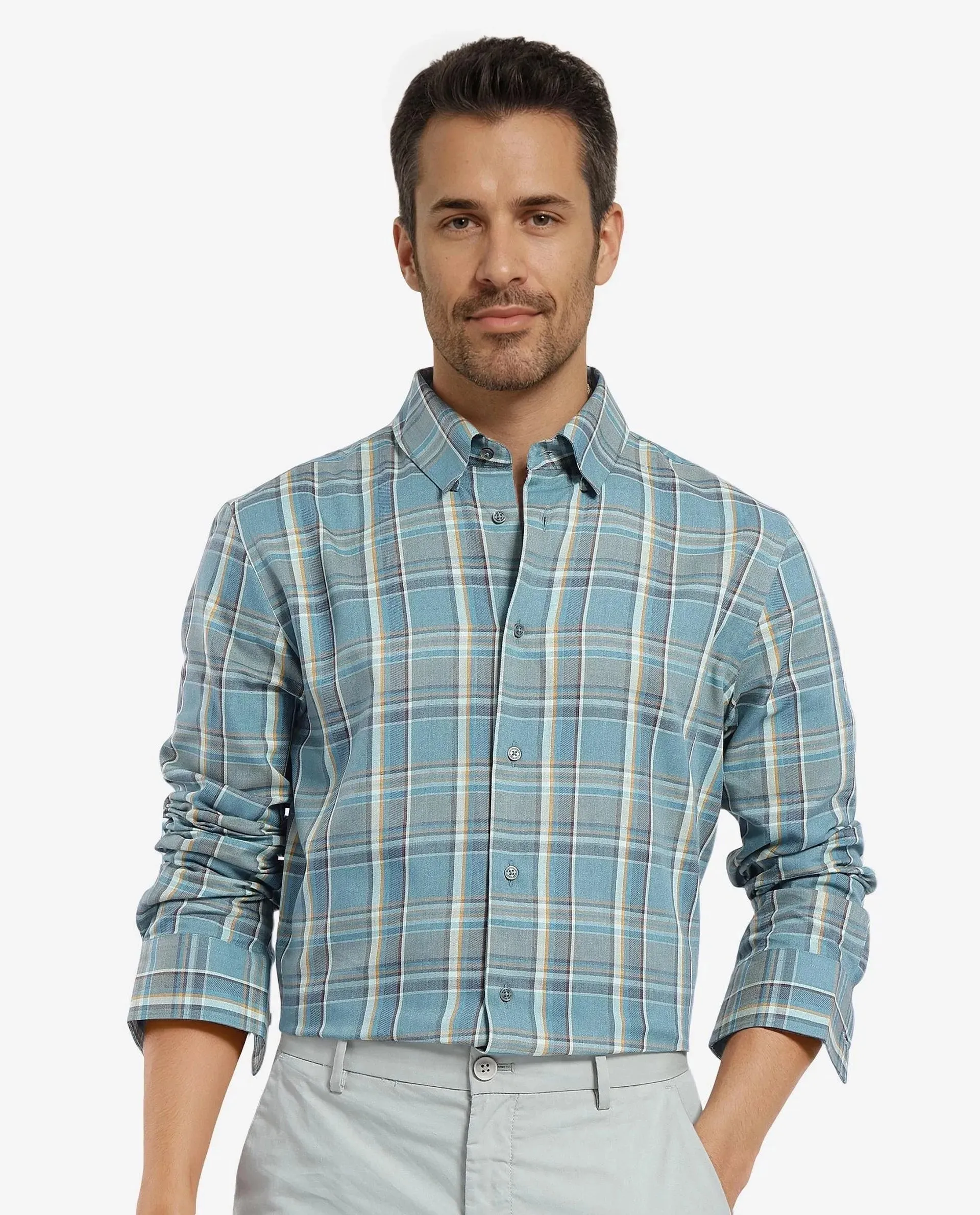 Rare Rabbit Men's Golk Turq Cotton Fabric Full Sleeve Collared Neck Checks Shirt