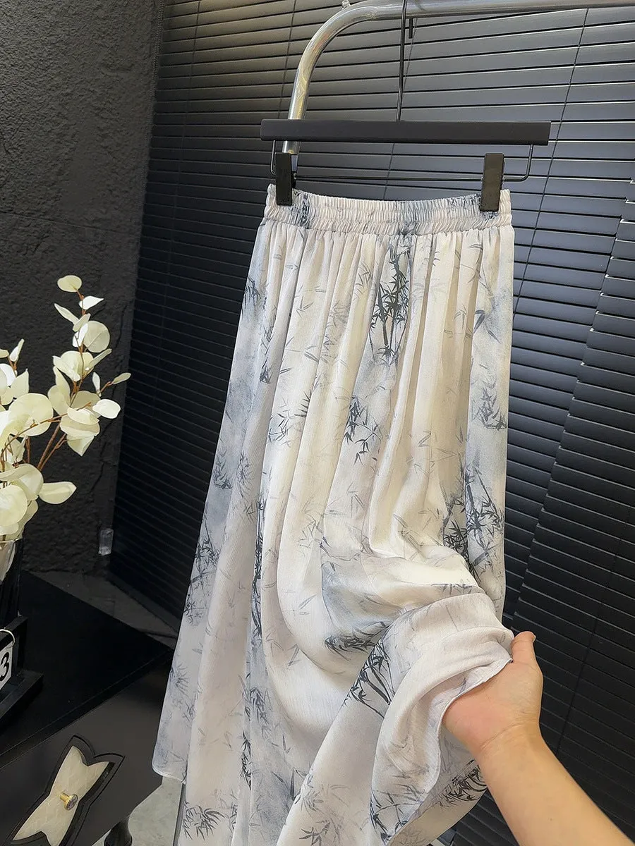 Retro Dye Ink Slub Design Elastic High Waist A Line Skirt Spring Summer Chinese Big Hem Skirt Women