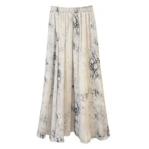 Retro Dye Ink Slub Design Elastic High Waist A Line Skirt Spring Summer Chinese Big Hem Skirt Women