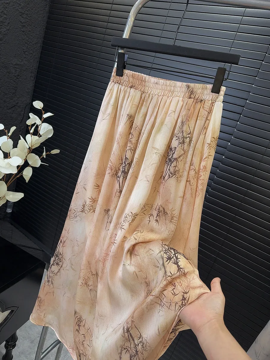 Retro Dye Ink Slub Design Elastic High Waist A Line Skirt Spring Summer Chinese Big Hem Skirt Women