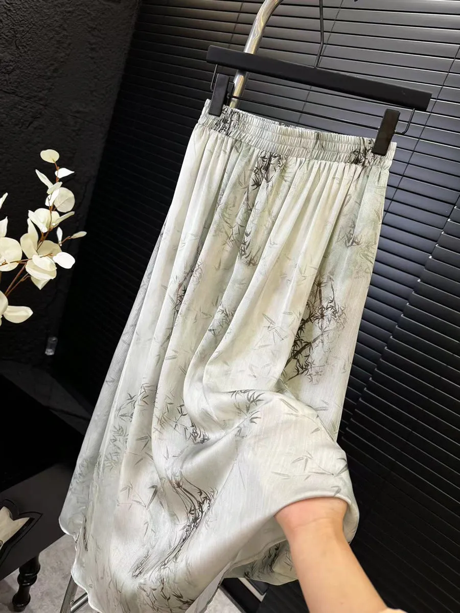 Retro Dye Ink Slub Design Elastic High Waist A Line Skirt Spring Summer Chinese Big Hem Skirt Women