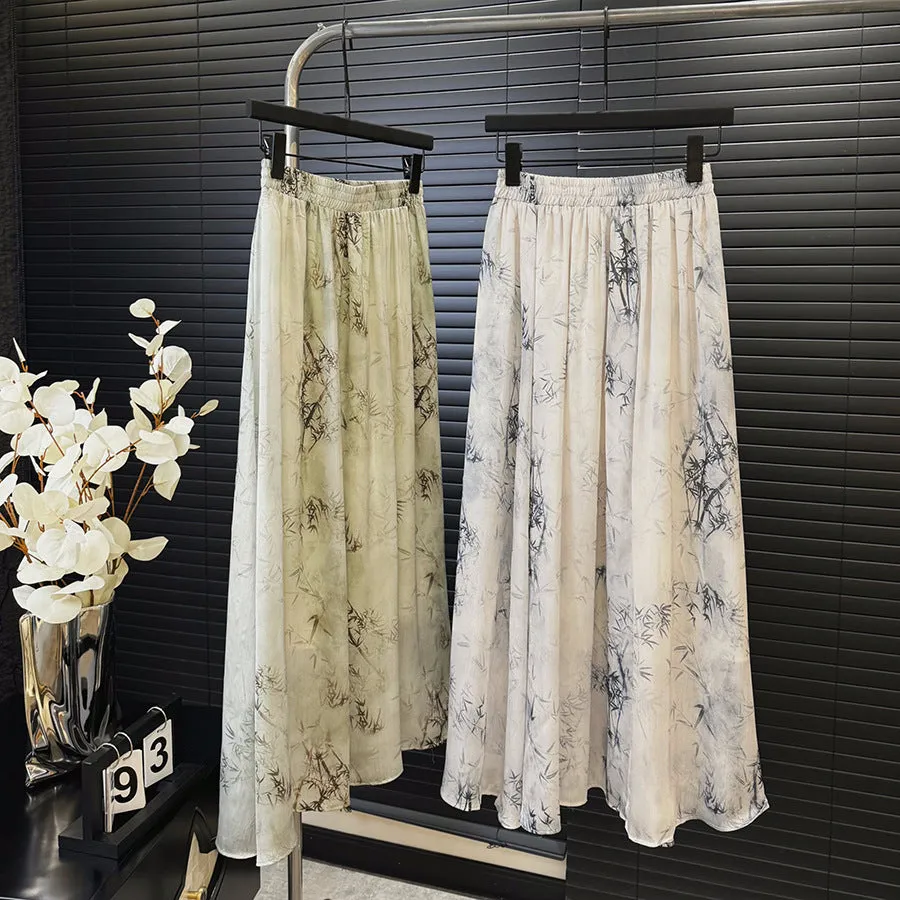Retro Dye Ink Slub Design Elastic High Waist A Line Skirt Spring Summer Chinese Big Hem Skirt Women