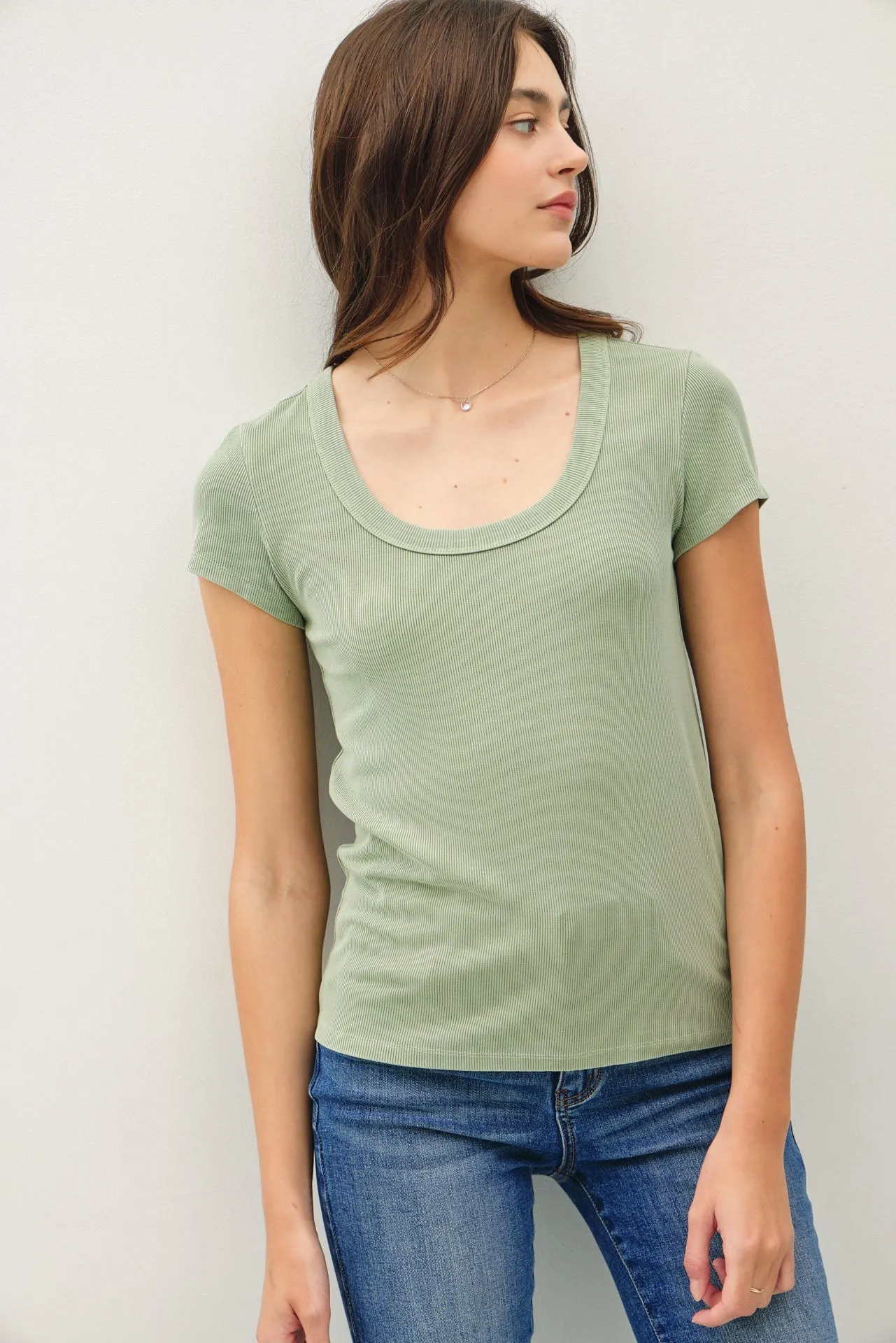 Rumor Has It Ribbed Basic Top - Sage Green