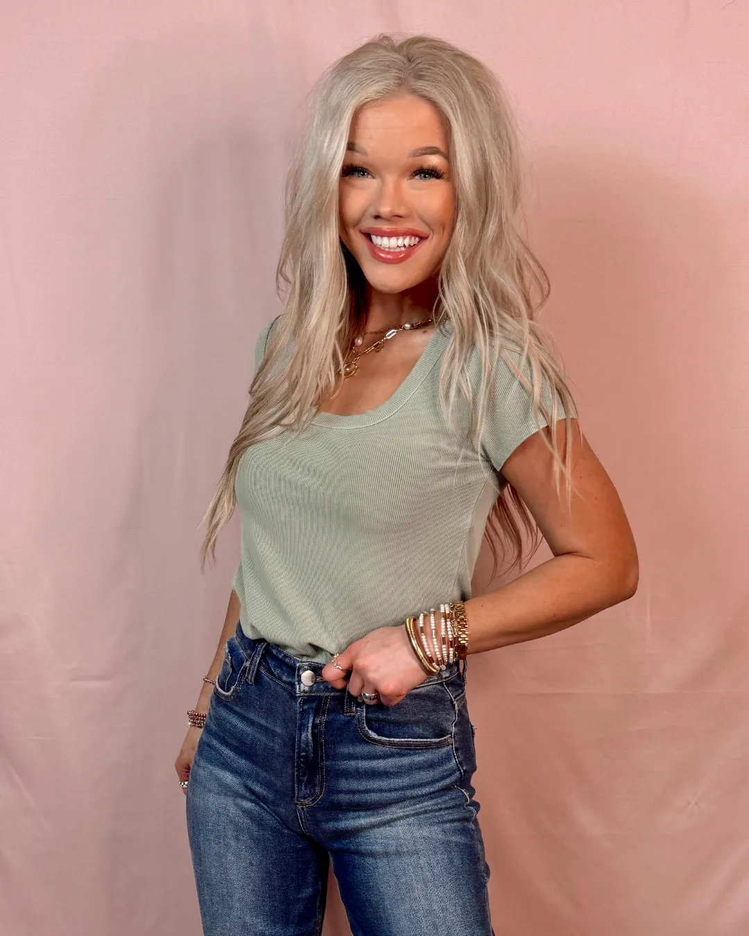 Rumor Has It Ribbed Basic Top - Sage Green