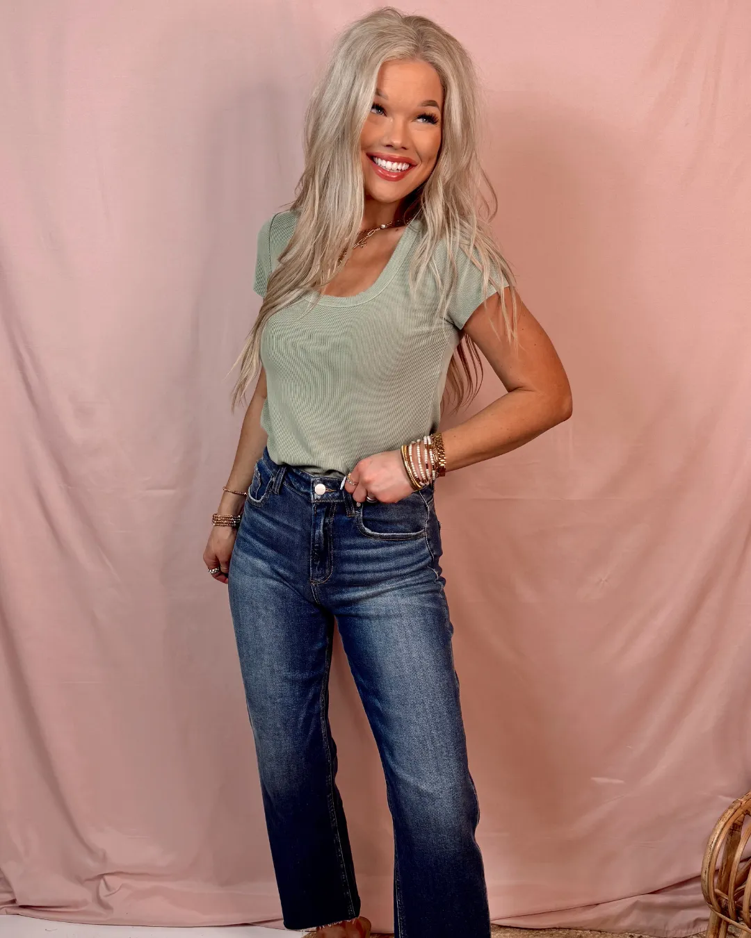 Rumor Has It Ribbed Basic Top - Sage Green
