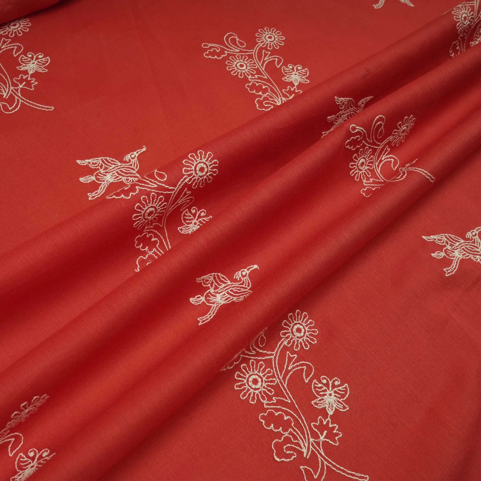Rust Orange Thread Embroidery Chanderi Fabric WI-24366