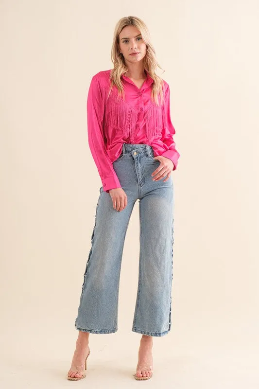 Satin Shirt Blouse with Fringe choice of colors