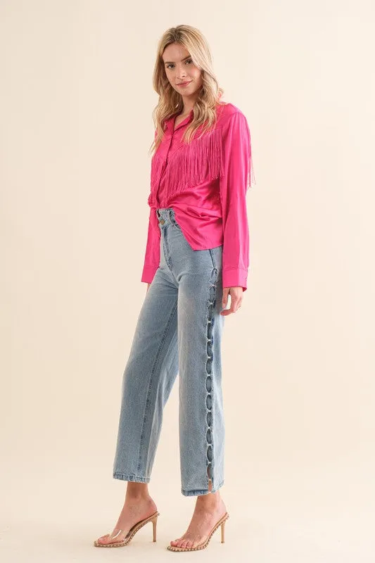 Satin Shirt Blouse with Fringe choice of colors
