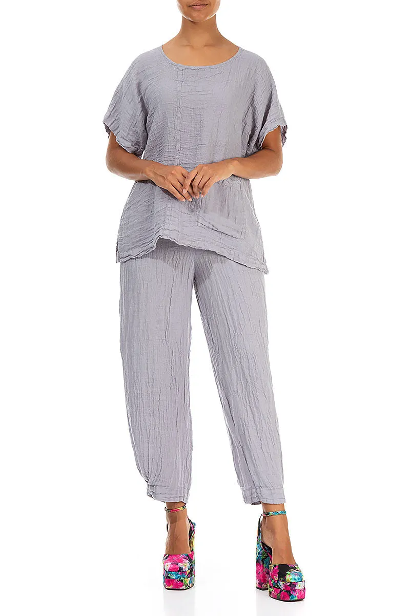Short Sleeves Lilac Grey Crêpe Linen Blouse